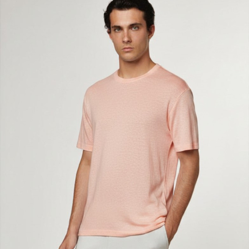 Short Sleeve Linen T-Shirt in Light Pink