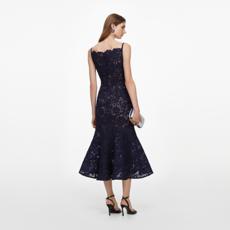 Navy Spiral Lace Midi Dress