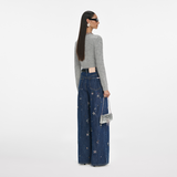 Blue Embellished Wide Leg Jeans