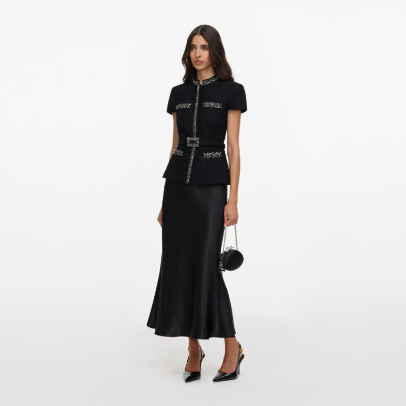 Black Boucle Crystal Trim Satin Midi Dress