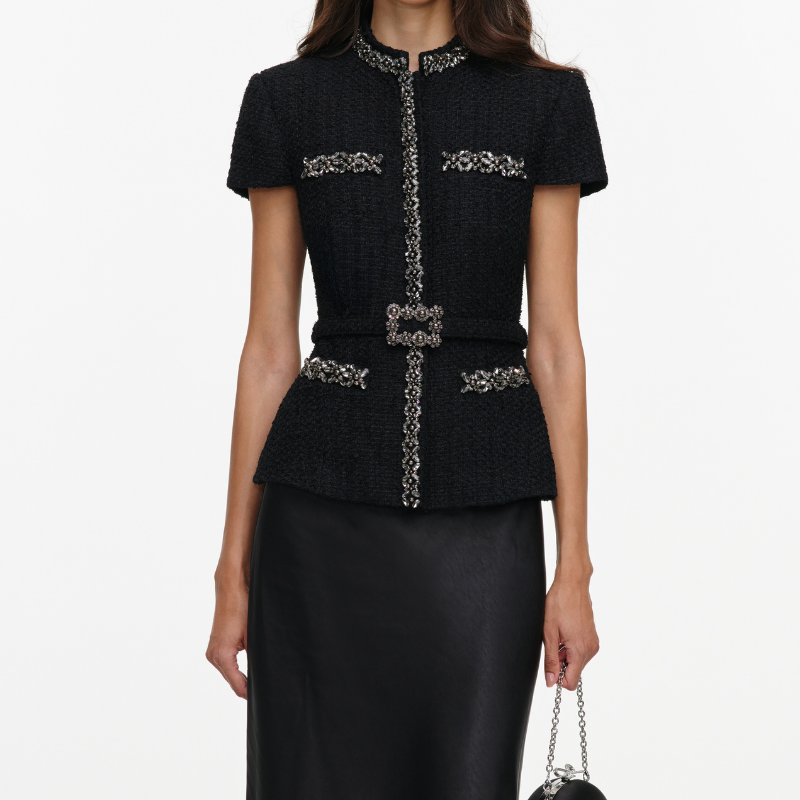 Black Boucle Crystal Trim Satin Midi Dress