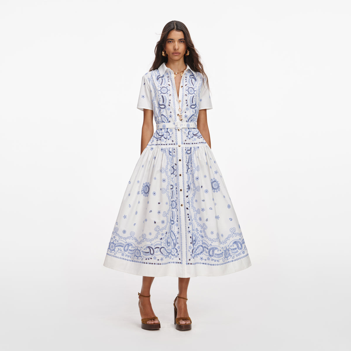 White And Blue Embroidered Midi Dress