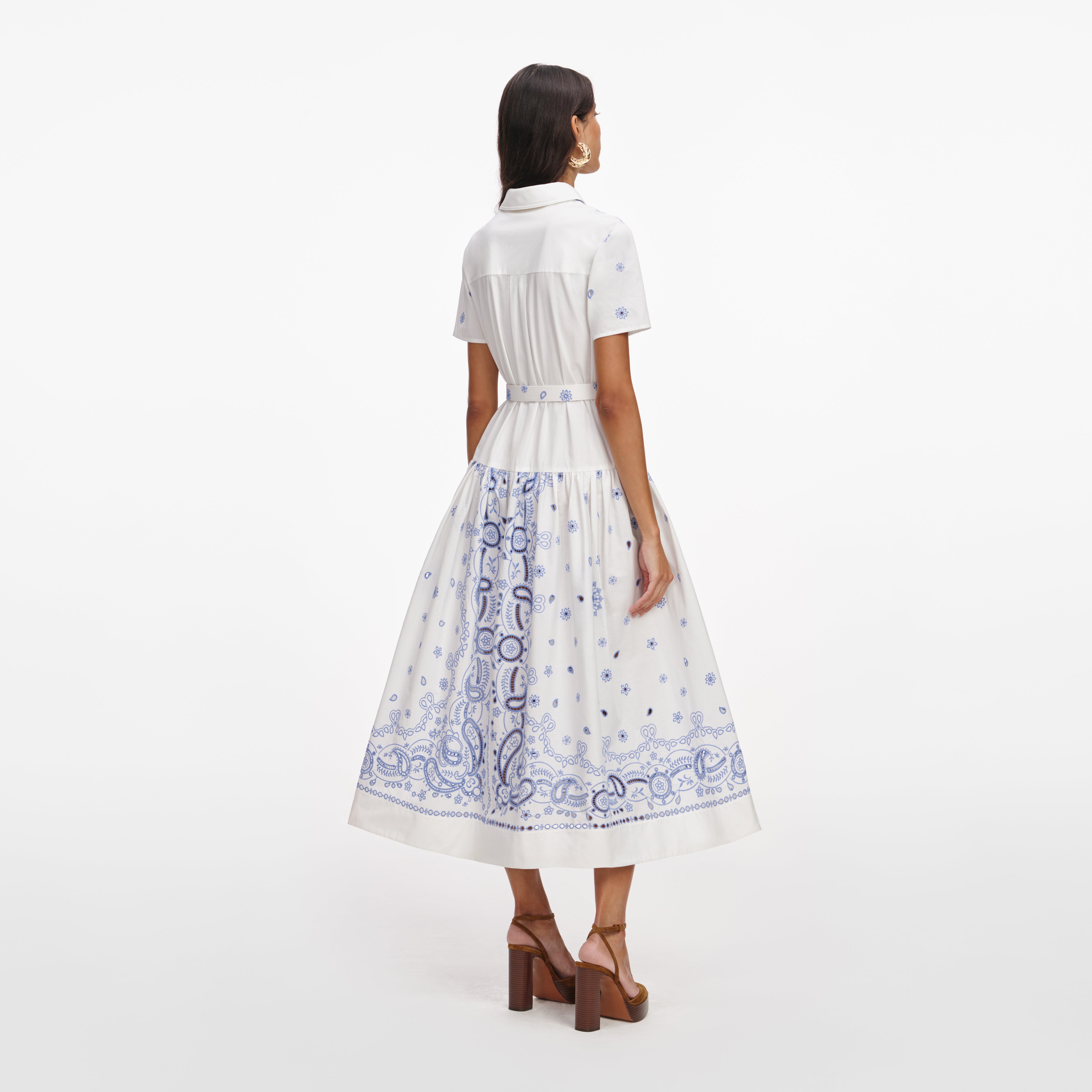 White And Blue Embroidered Midi Dress