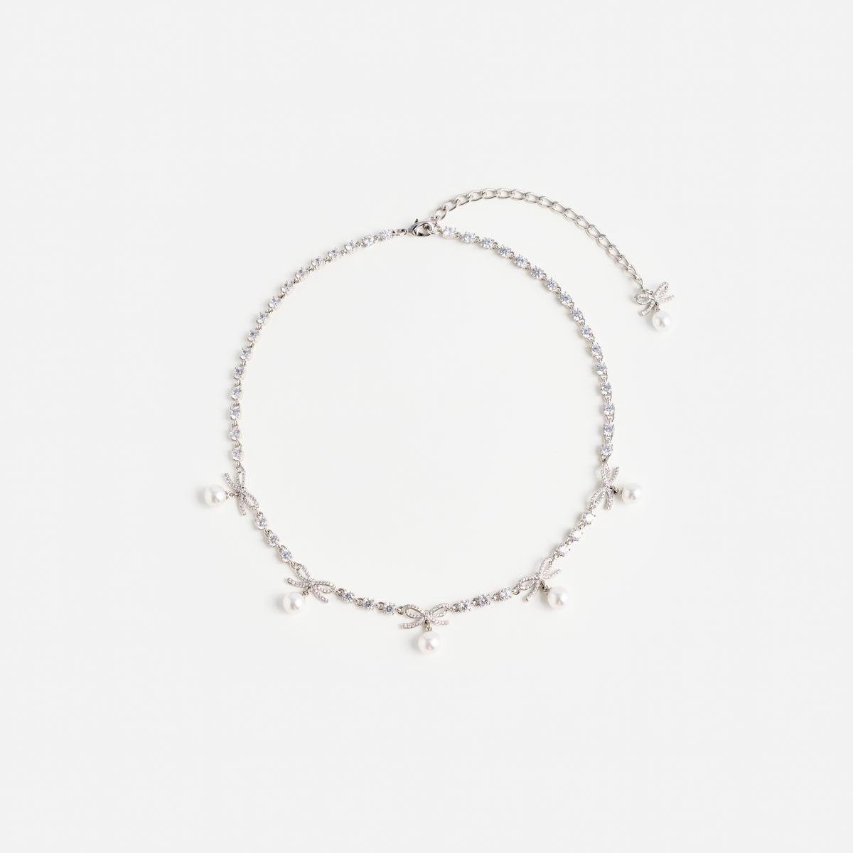 Crystal Bow Pearl Charm Necklace