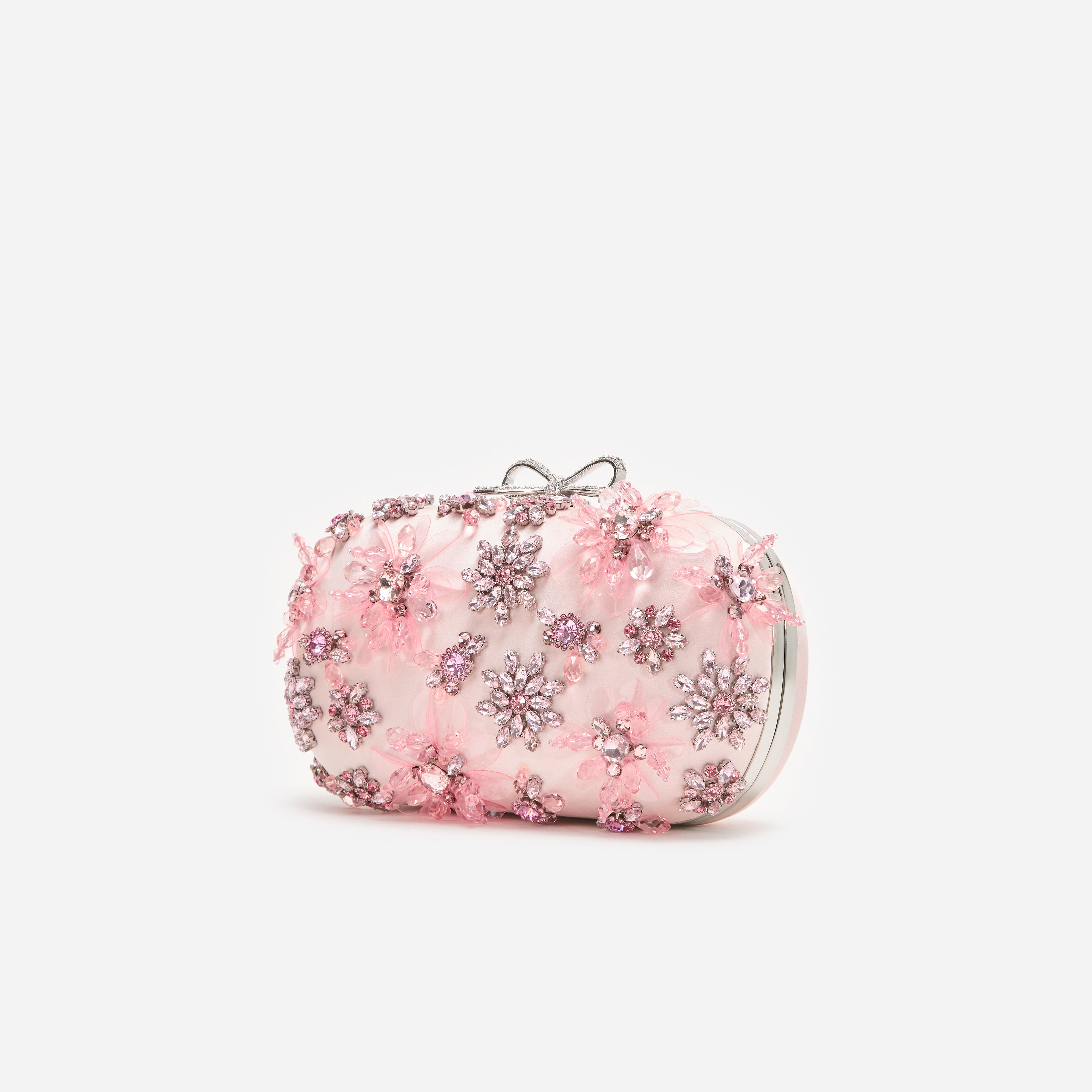 Pink Satin Floral Crystal Clutch