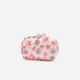 Pink Satin Floral Crystal Clutch