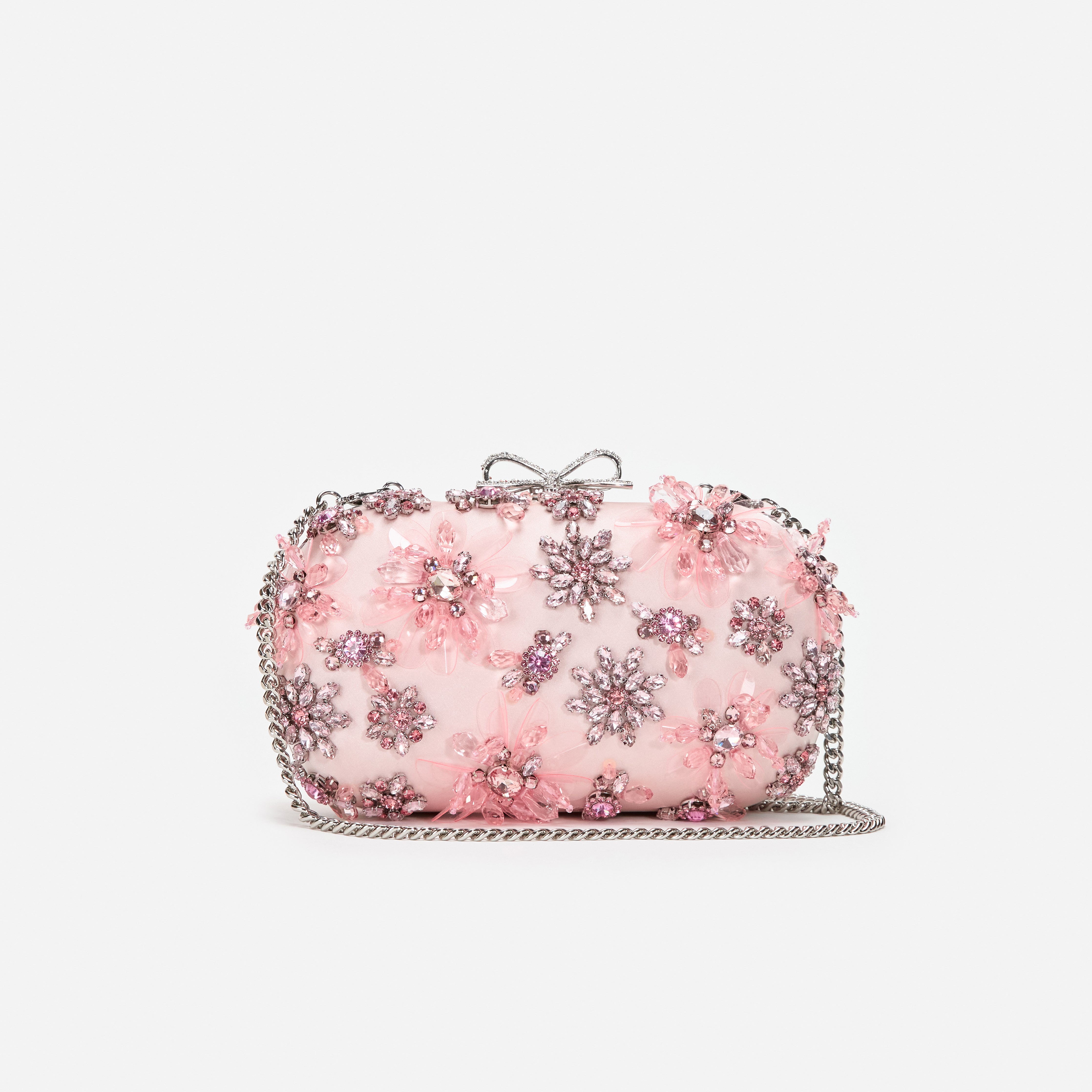Pink Satin Floral Crystal Clutch